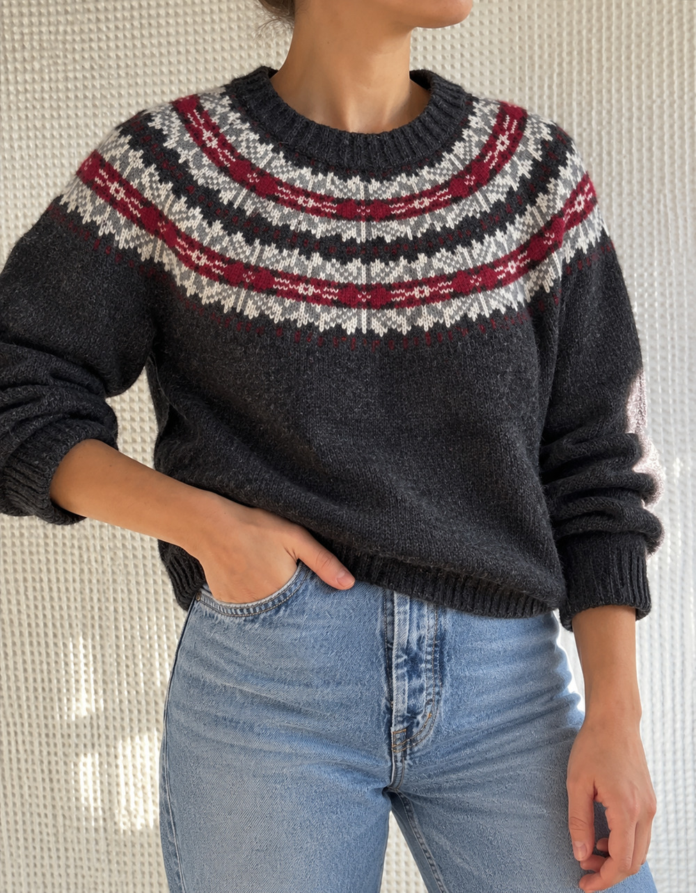 Woolrich Women's Petite L 100% Lambswool Fair Isle Nordic Pullover Charcoal Gray
